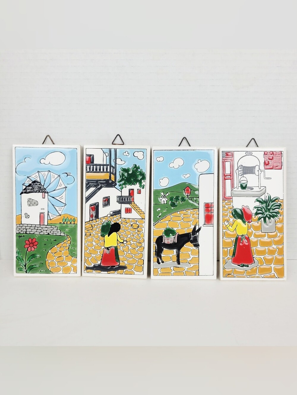 Vtg 70s~Lot of 4 Greek Folk Art Tile~Greece Island/Village~Knossos~Katsidoniotis